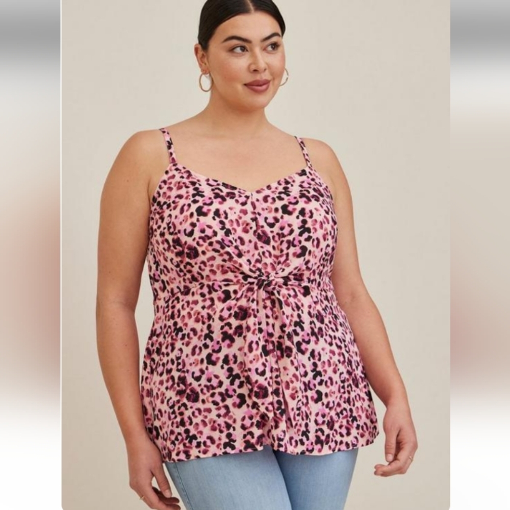 New Torrid 1X(14/16W) Peplum Georgette Tie-Front Cami- Pink Leopard NWT